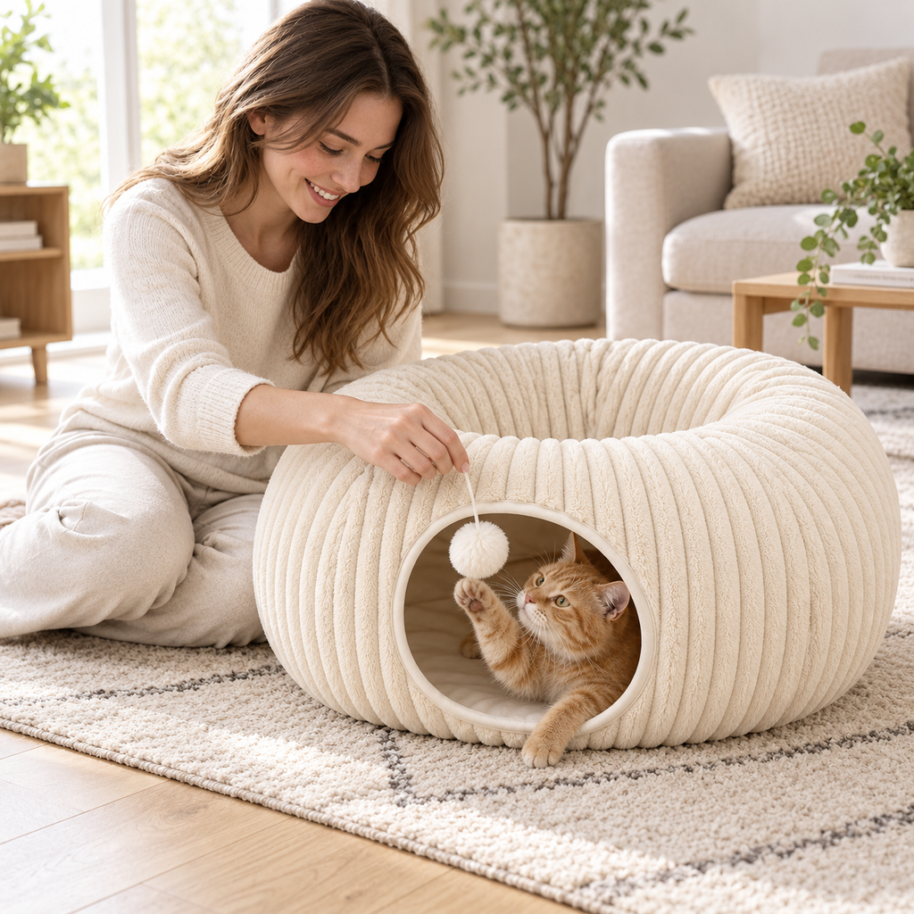 POUPIPETS Cat Tunnel Bed – 2-in-1 Donut Cat Cave with Plush Bed & Hanging Toy