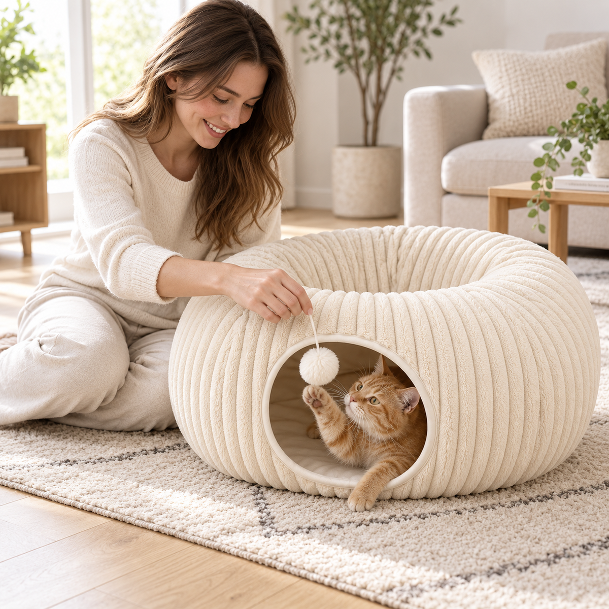POUPIPETS Cat Tunnel Bed – 2-in-1 Donut Cat Cave with Plush Bed & Hanging Toy