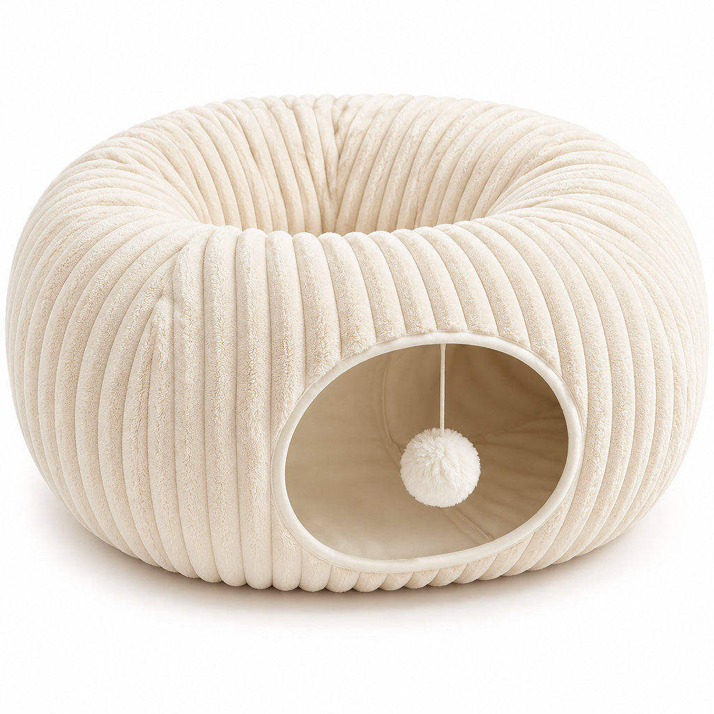 POUPIPETS Cat Tunnel Bed – 2-in-1 Donut Cat Cave with Plush Bed & Hanging Toy