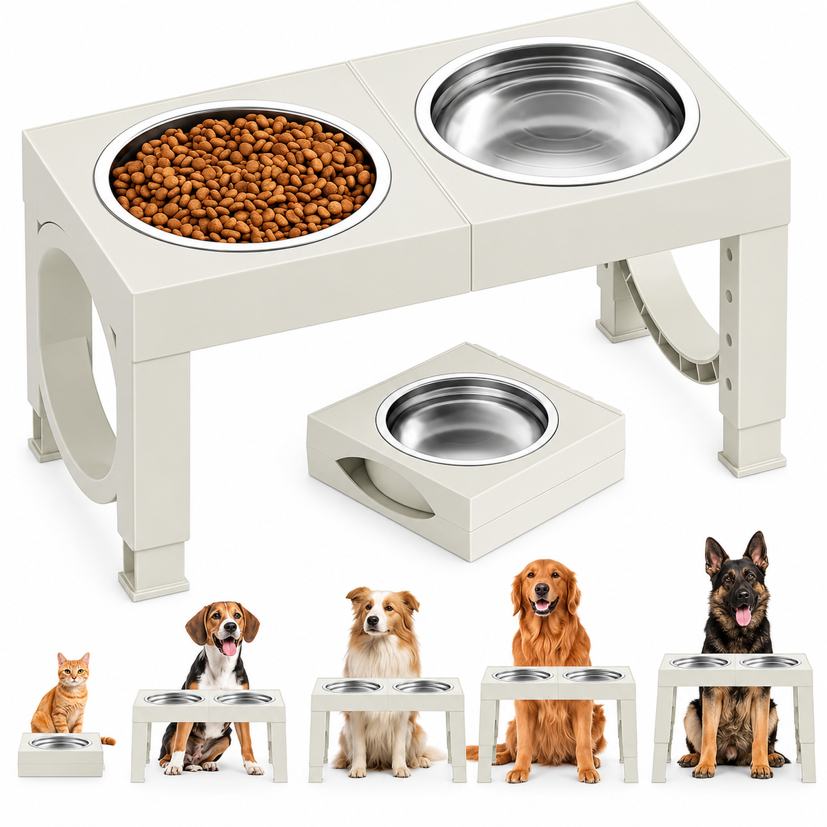 POUPIPETS Elevated Dog Bowls – Adjustable Raised Stand, 2 Stainless Steel Bowls, Large Dogs