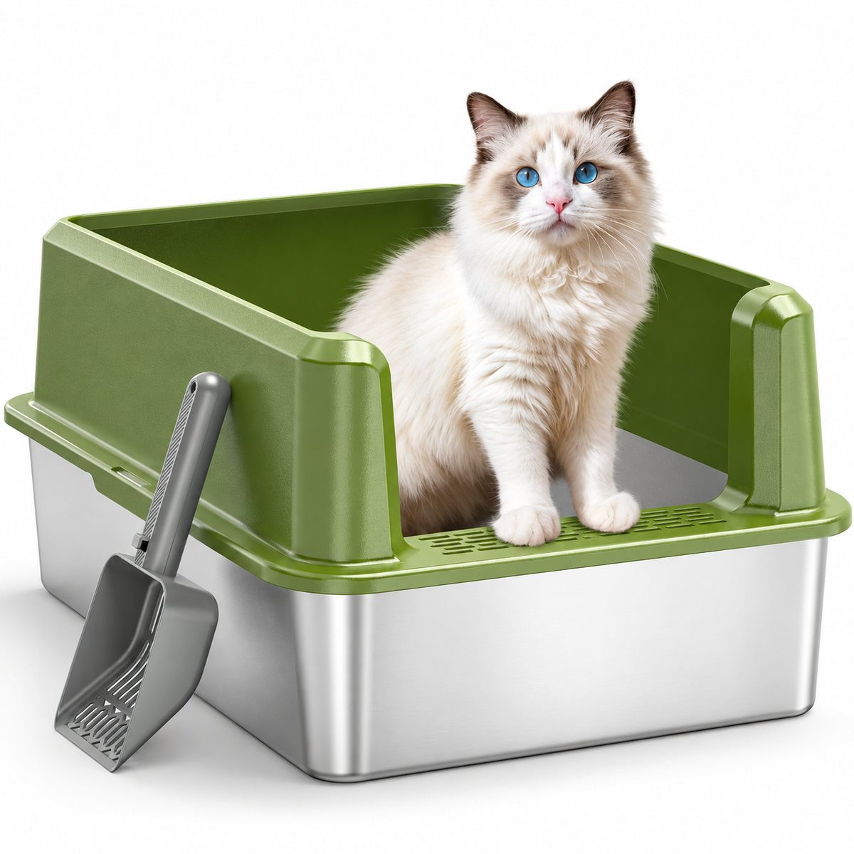POUPIPETS Cat Litter Box – XL Stainless Steel High Sided Open Top Pan with Scoop