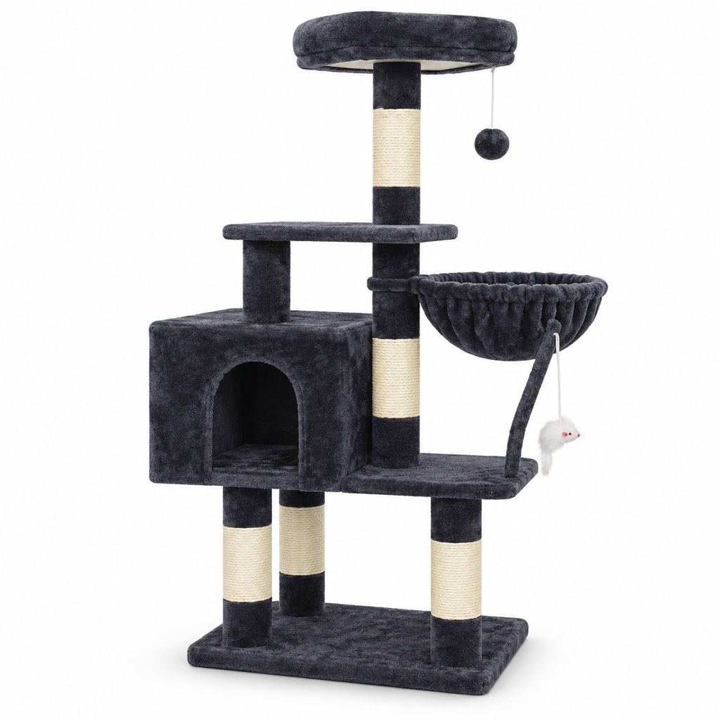 POUPIPETS Cat Tree Tower 43.3" – Multi-Level Condo, Hammock, Scratching Posts & Toy