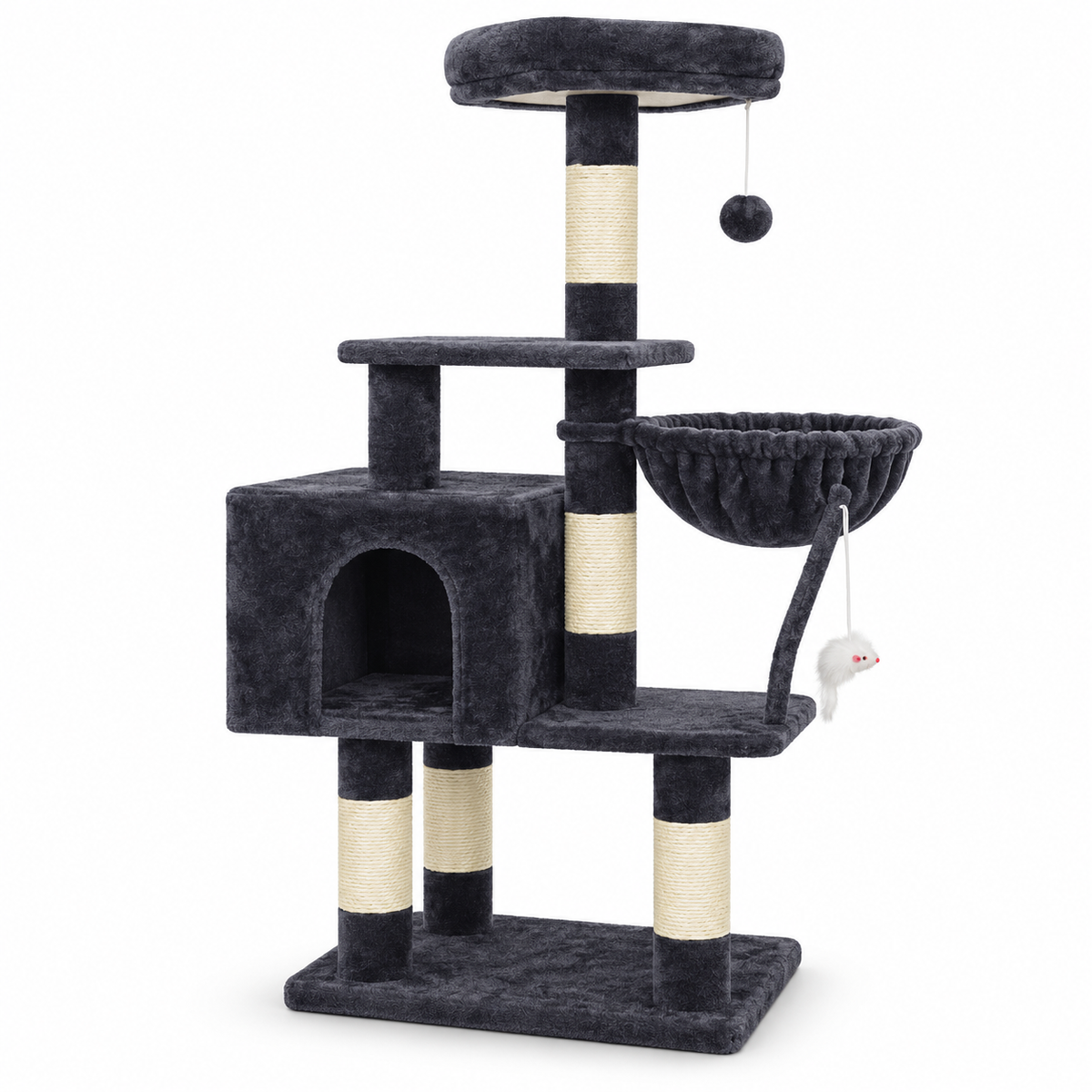 POUPIPETS Cat Tree Tower 43.3" – Multi-Level Condo, Hammock, Scratching Posts & Toy