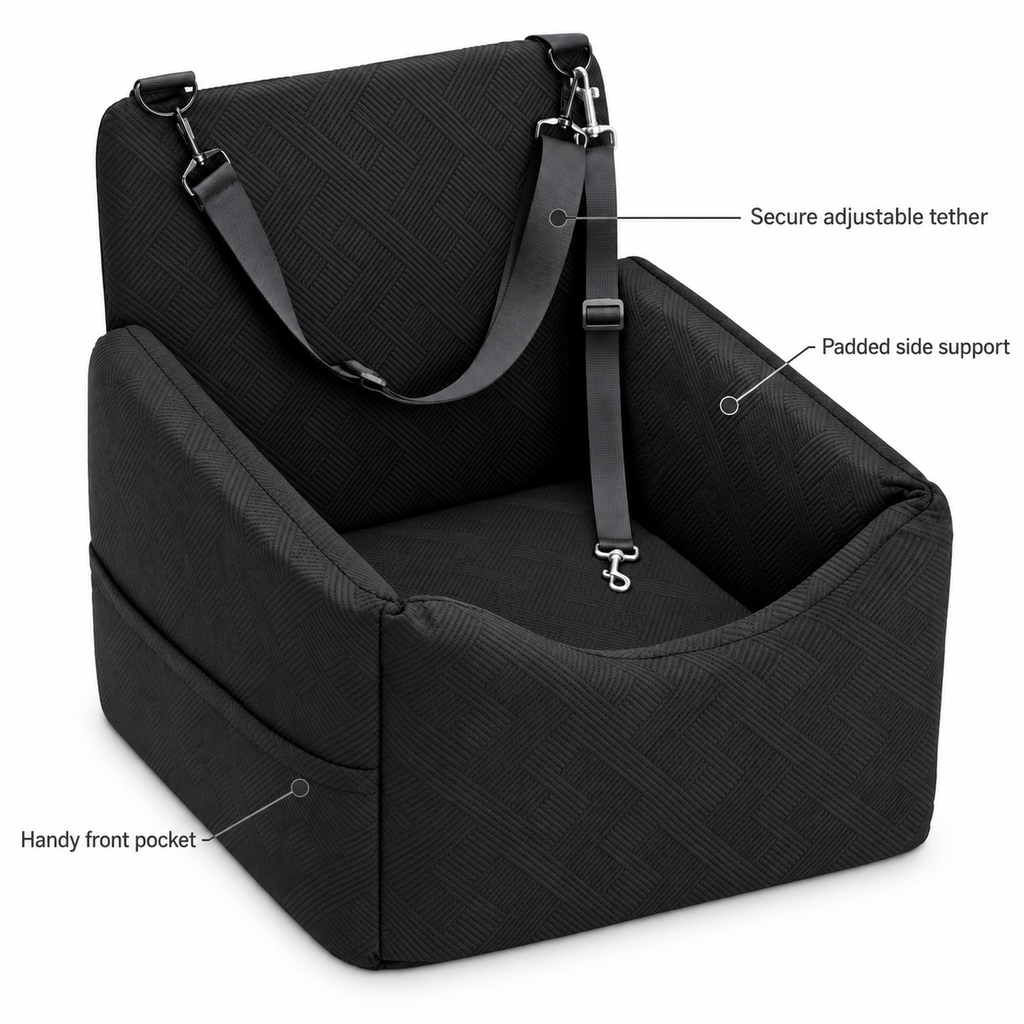 POUPIPETS Dog Car Seat – Booster Bed with Safety Belt, Washable Cover & Storage Pockets