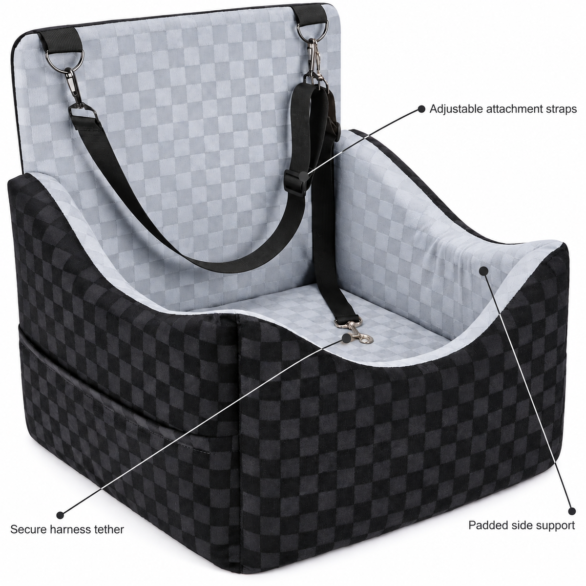 POUPIPETS Dog Car Booster Seat – Elevated Travel Bed with Safety Belts, Up to 35 lbs
