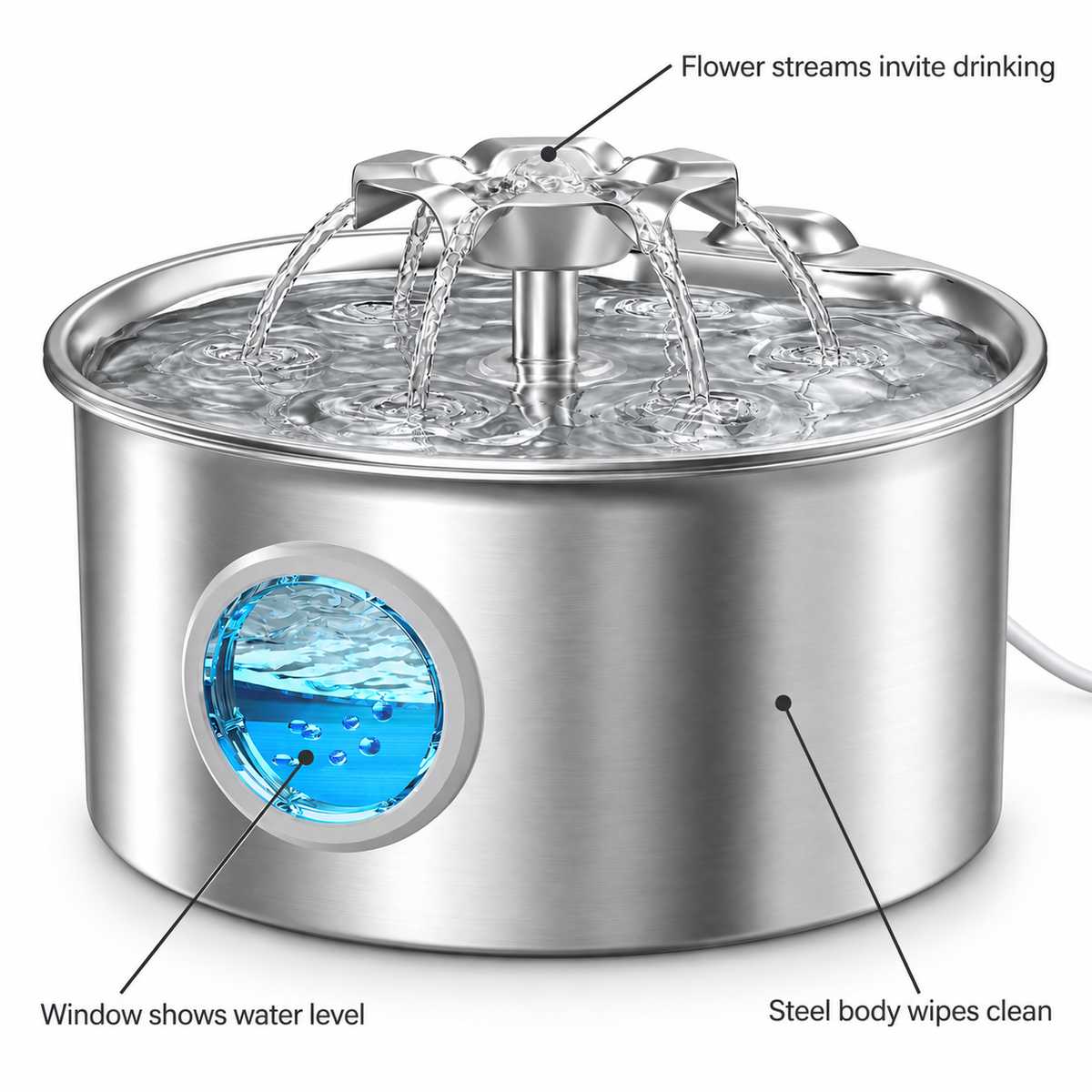 POUPIPETS Cat Water Fountain – 2.6L Stainless Steel Pet Fountain with Dual Flow Modes