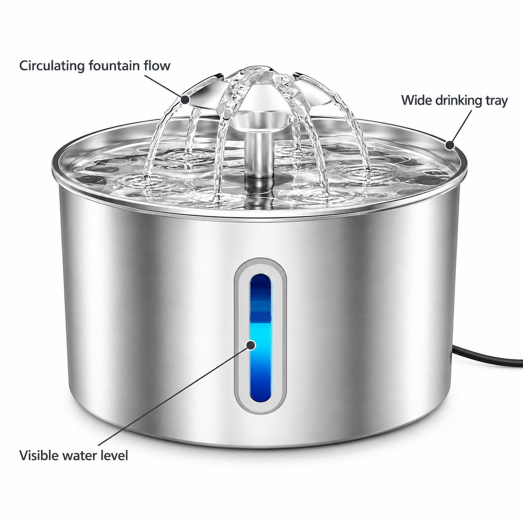 POUPIPETS Stainless Steel Cat Water Fountain – 2.2L Automatic Pet Water Dispenser