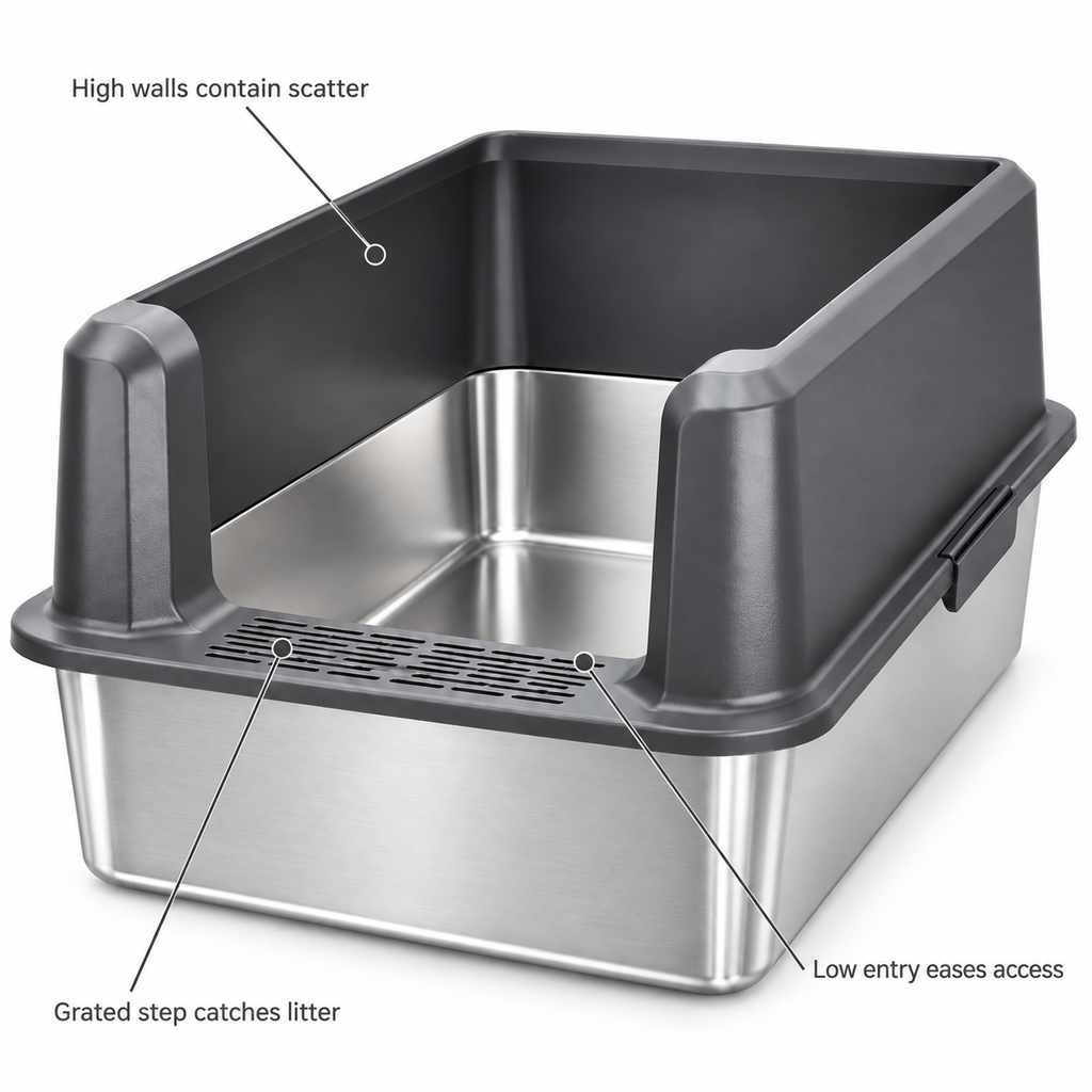 POUPIPETS Cat Litter Box – XL Stainless Steel High Sided Open Top Pan with Scoop