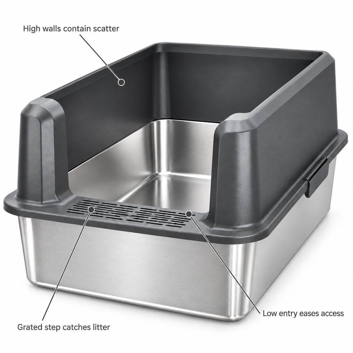 POUPIPETS Cat Litter Box – XL Stainless Steel High Sided Open Top Pan with Scoop