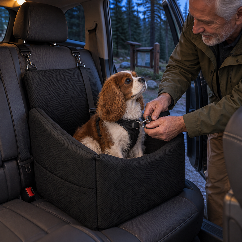 POUPIPETS Dog Car Seat – Booster Bed with Safety Belt, Washable Cover & Storage Pockets