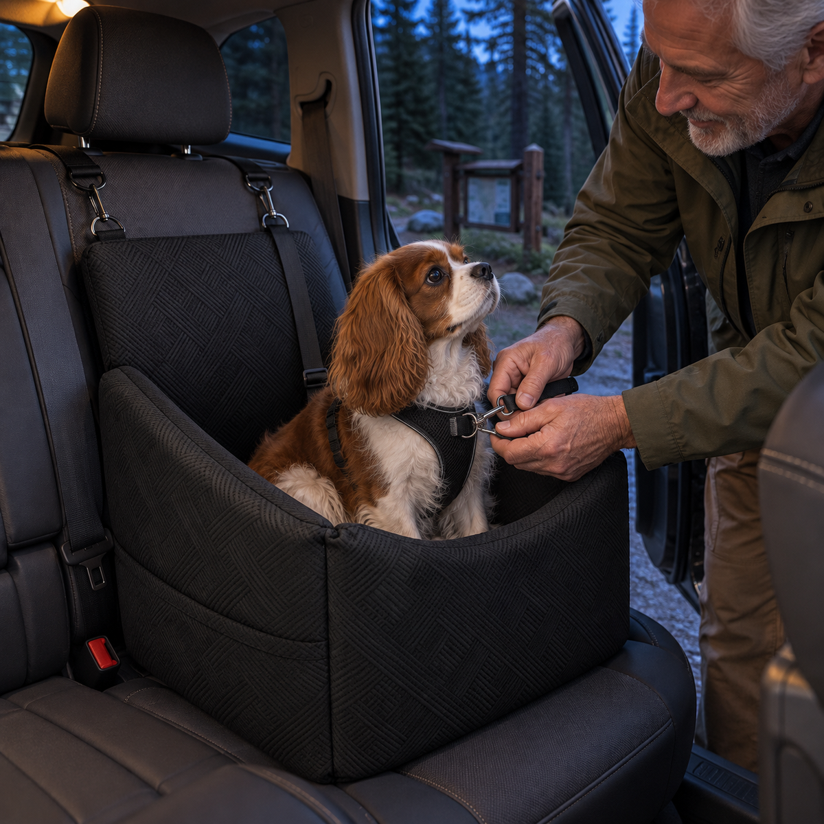 POUPIPETS Dog Car Seat – Booster Bed with Safety Belt, Washable Cover & Storage Pockets