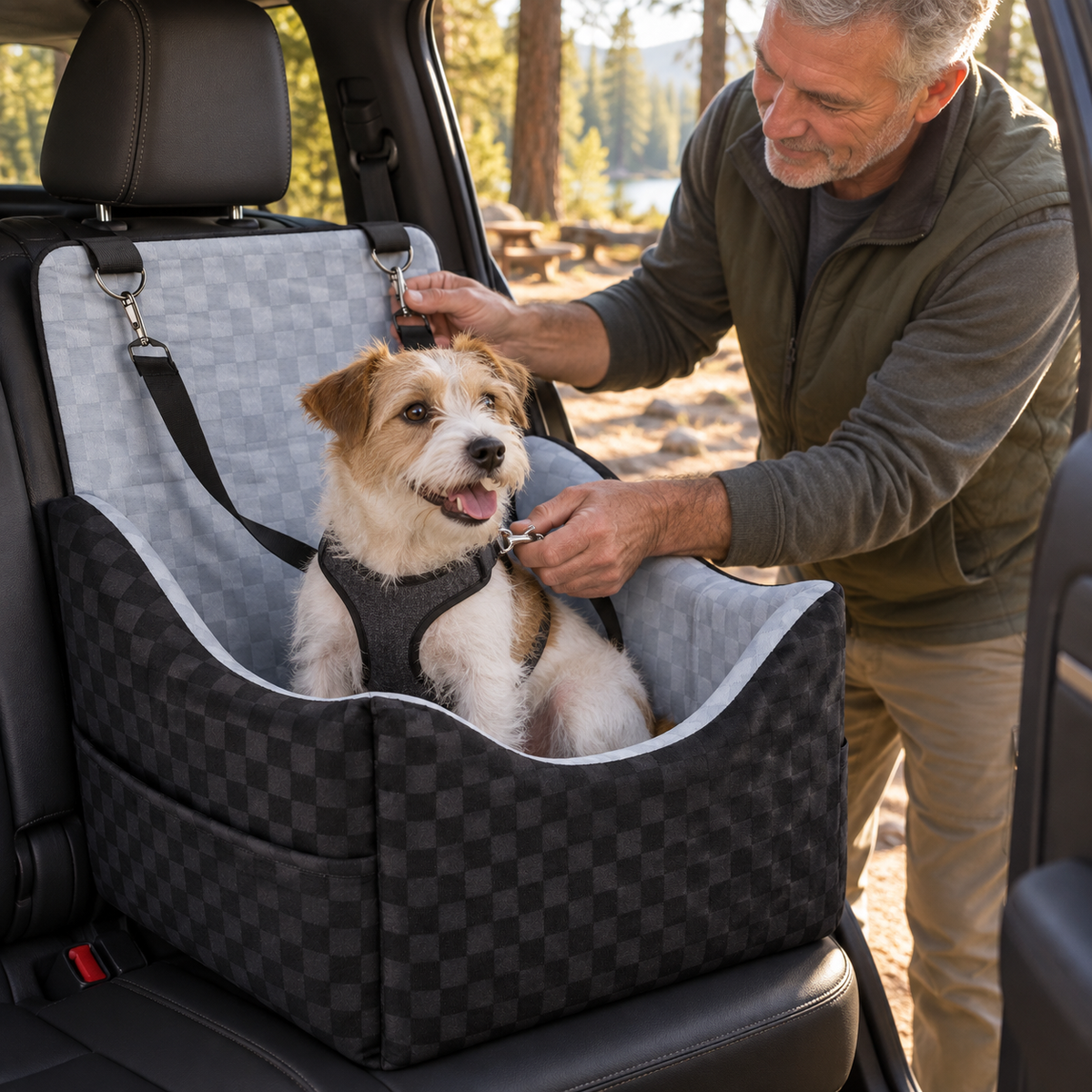 POUPIPETS Dog Car Booster Seat – Elevated Travel Bed with Safety Belts, Up to 35 lbs