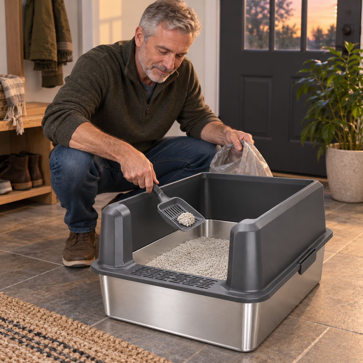 POUPIPETS Cat Litter Box – XL Stainless Steel High Sided Open Top Pan with Scoop
