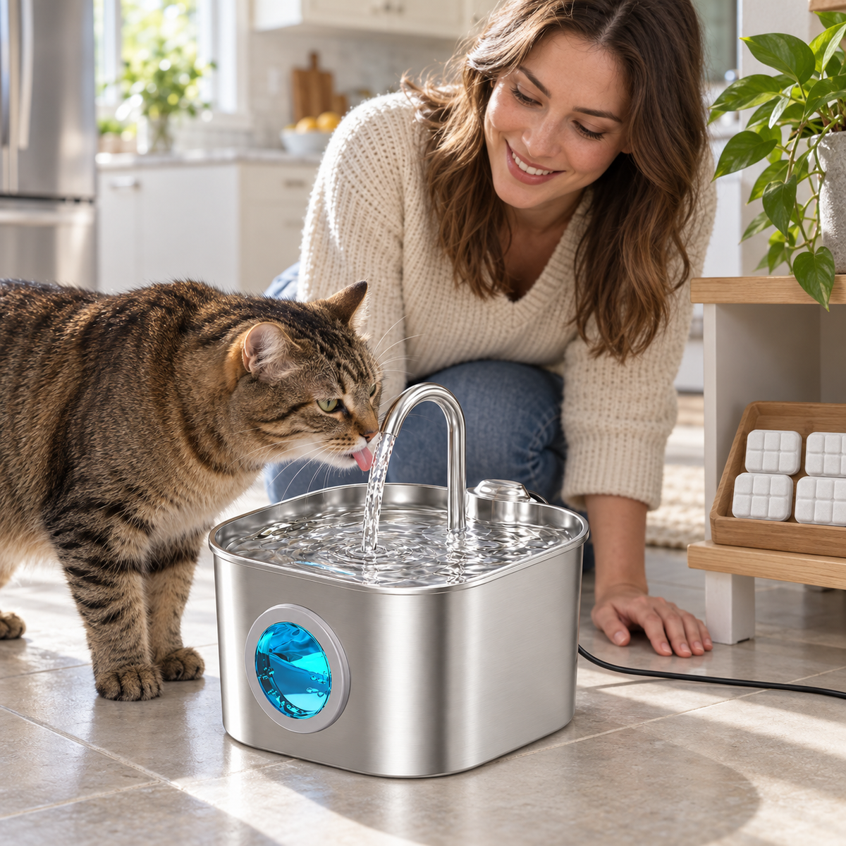 POUPIPETS Cat Water Fountain – 74oz Stainless Steel Indoor Pet Drinking Fountain