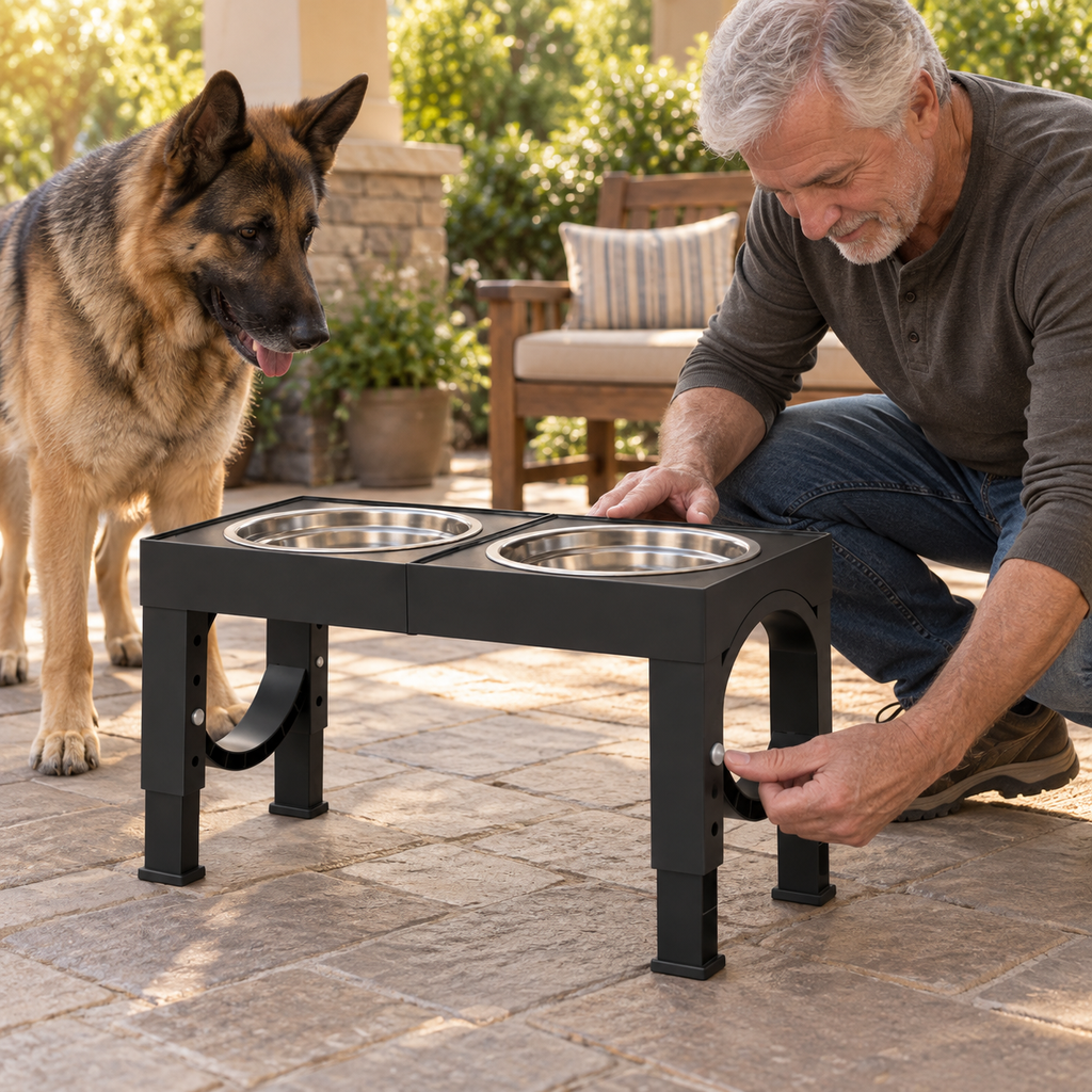 POUPIPETS Elevated Dog Bowls – Adjustable Raised Stand, 2 Stainless Steel Bowls, Large Dogs