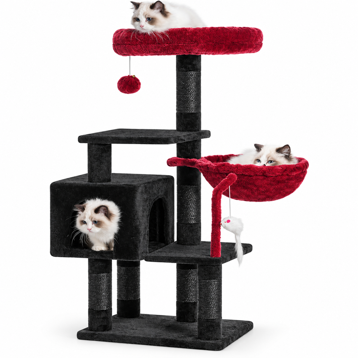 POUPIPETS Cat Tree Tower 43.3" – Multi-Level Condo, Hammock, Scratching Posts & Toy