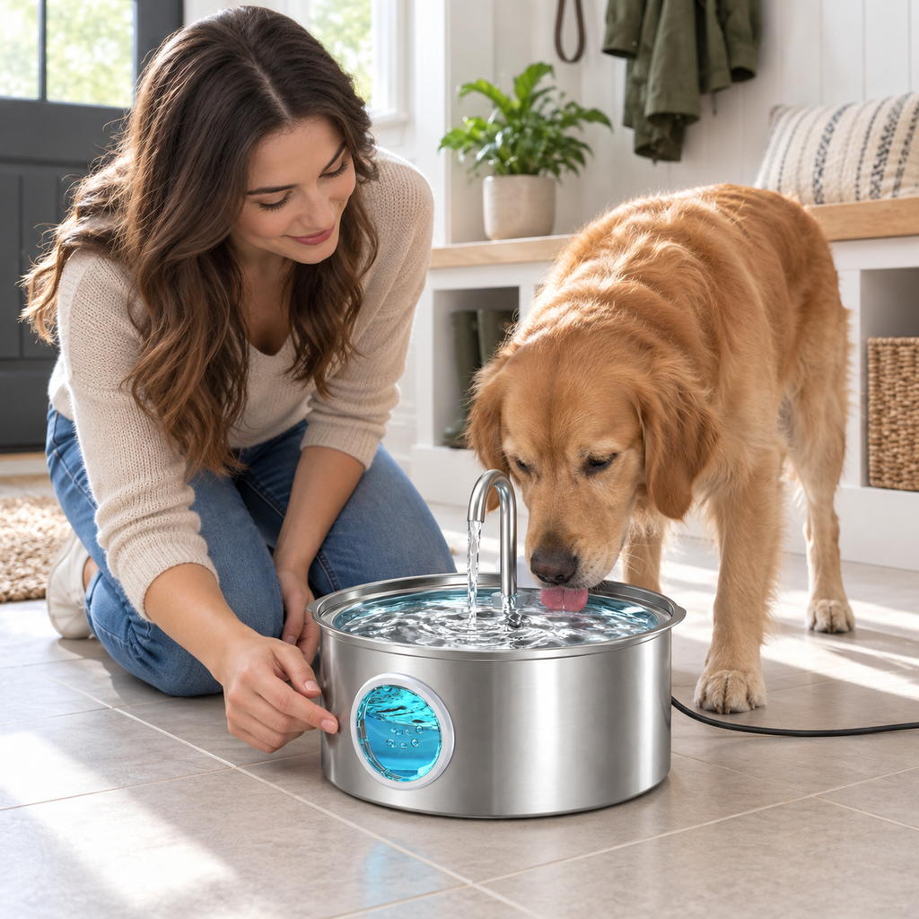 POUPIPETS Dog Water Fountain – 7L Stainless Steel Large Dog Drinking Fountain