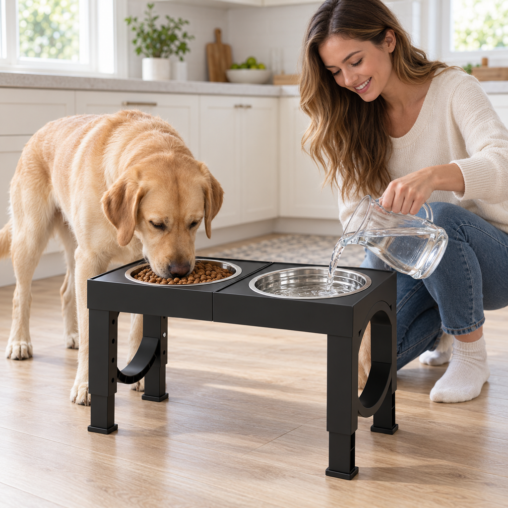 POUPIPETS Elevated Dog Bowls – Adjustable Raised Stand, 2 Stainless Steel Bowls, Large Dogs