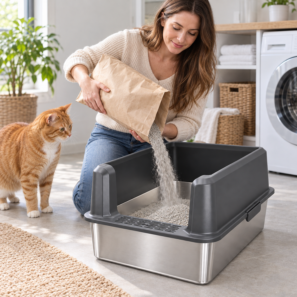 POUPIPETS Cat Litter Box – XL Stainless Steel High Sided Open Top Pan with Scoop