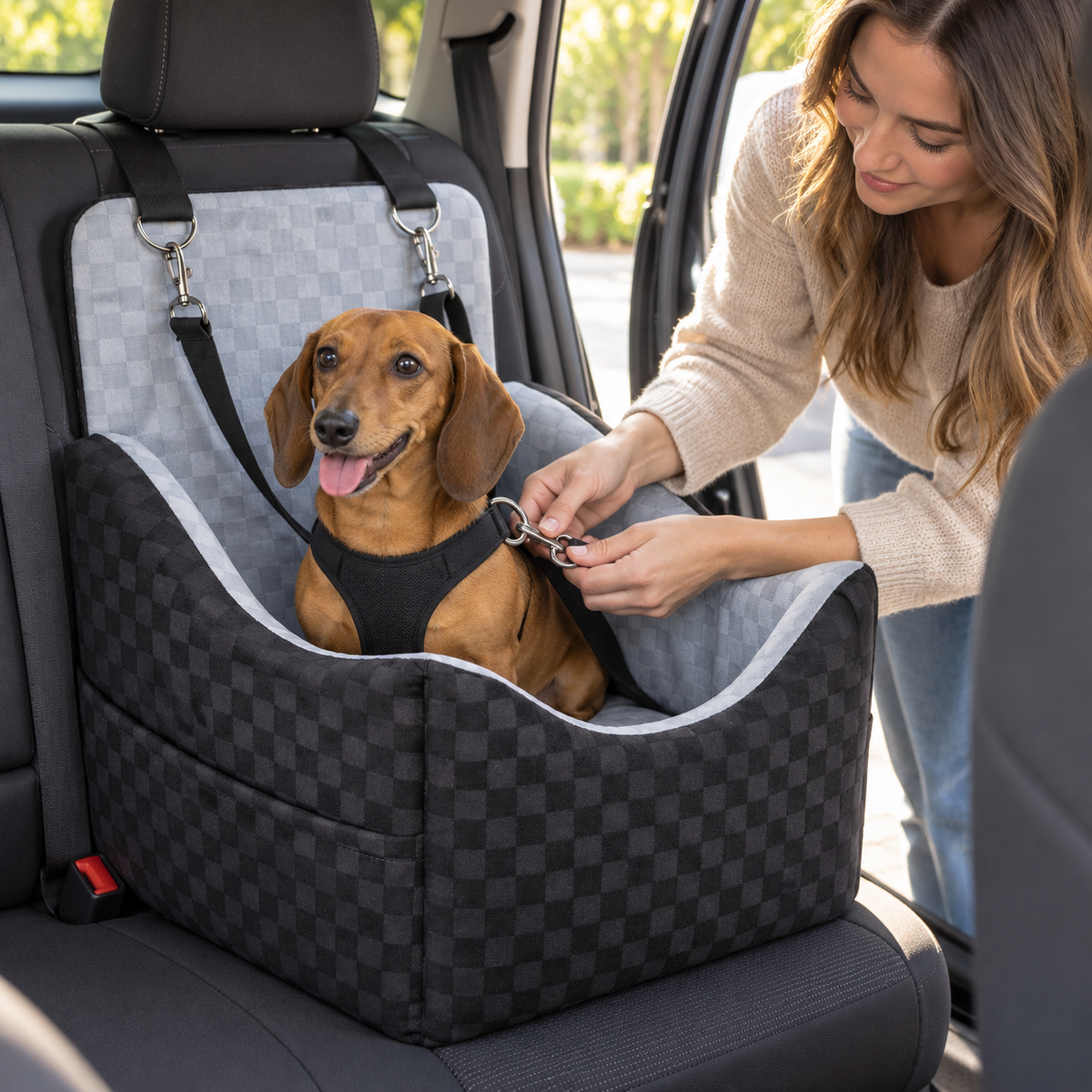 POUPIPETS Dog Car Booster Seat – Elevated Travel Bed with Safety Belts, Up to 35 lbs
