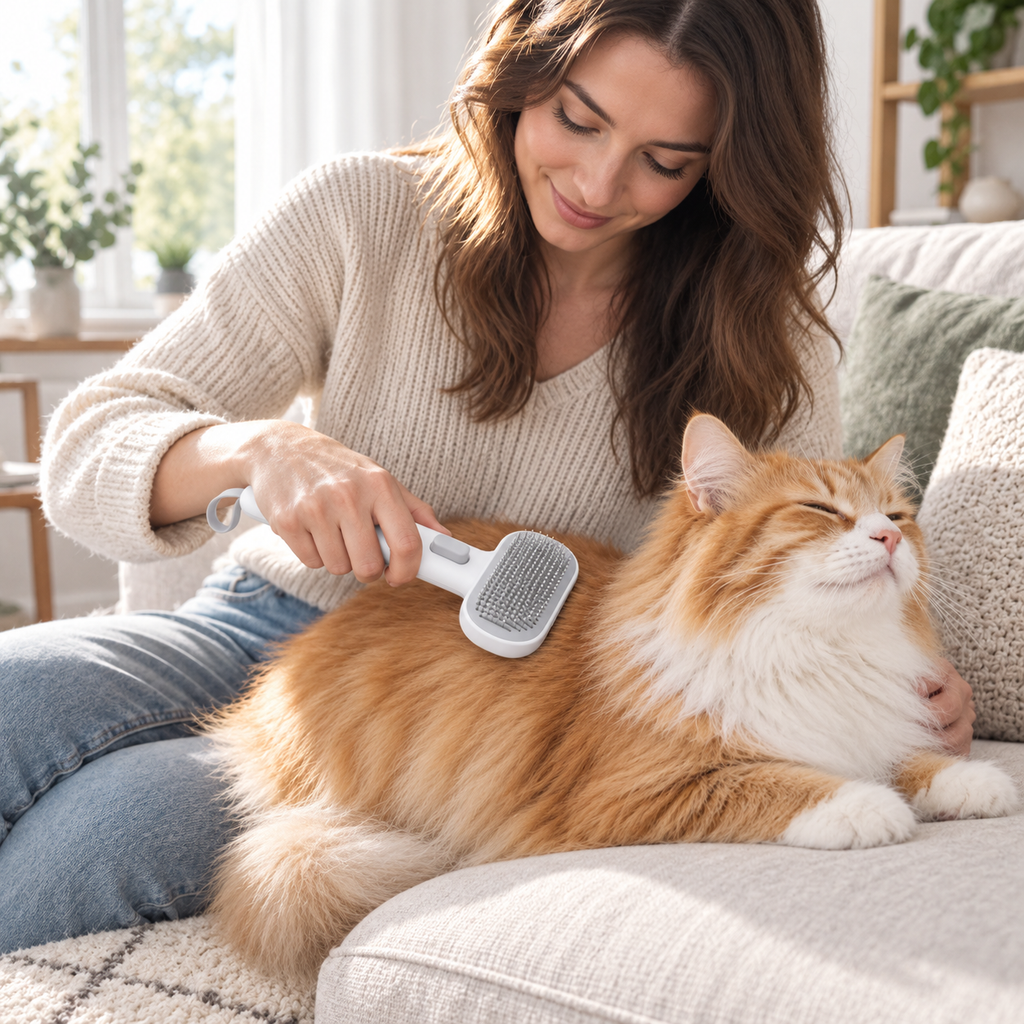POUPIPETS Cat Slicker Brush, Self-Cleaning Shedding & Grooming Brush for Long & Short Hair