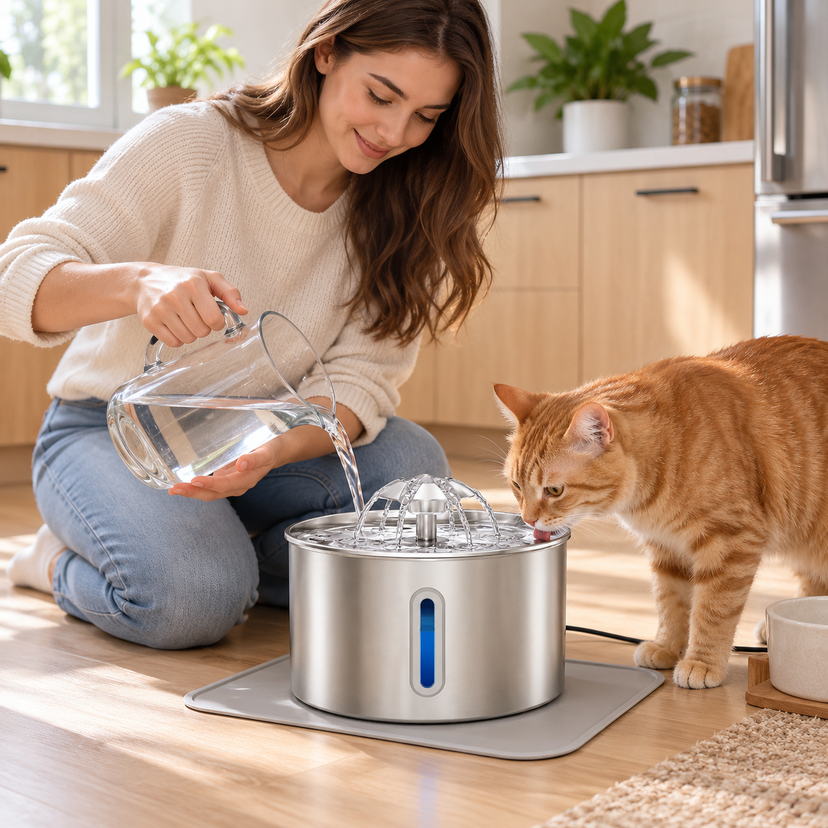 POUPIPETS Stainless Steel Cat Water Fountain – 2.2L Automatic Pet Water Dispenser