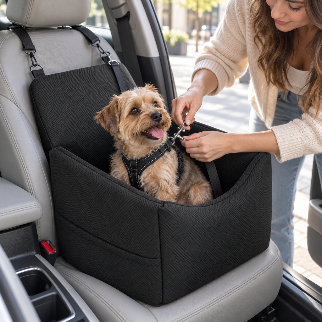POUPIPETS Dog Car Seat – Booster Bed with Safety Belt, Washable Cover & Storage Pockets