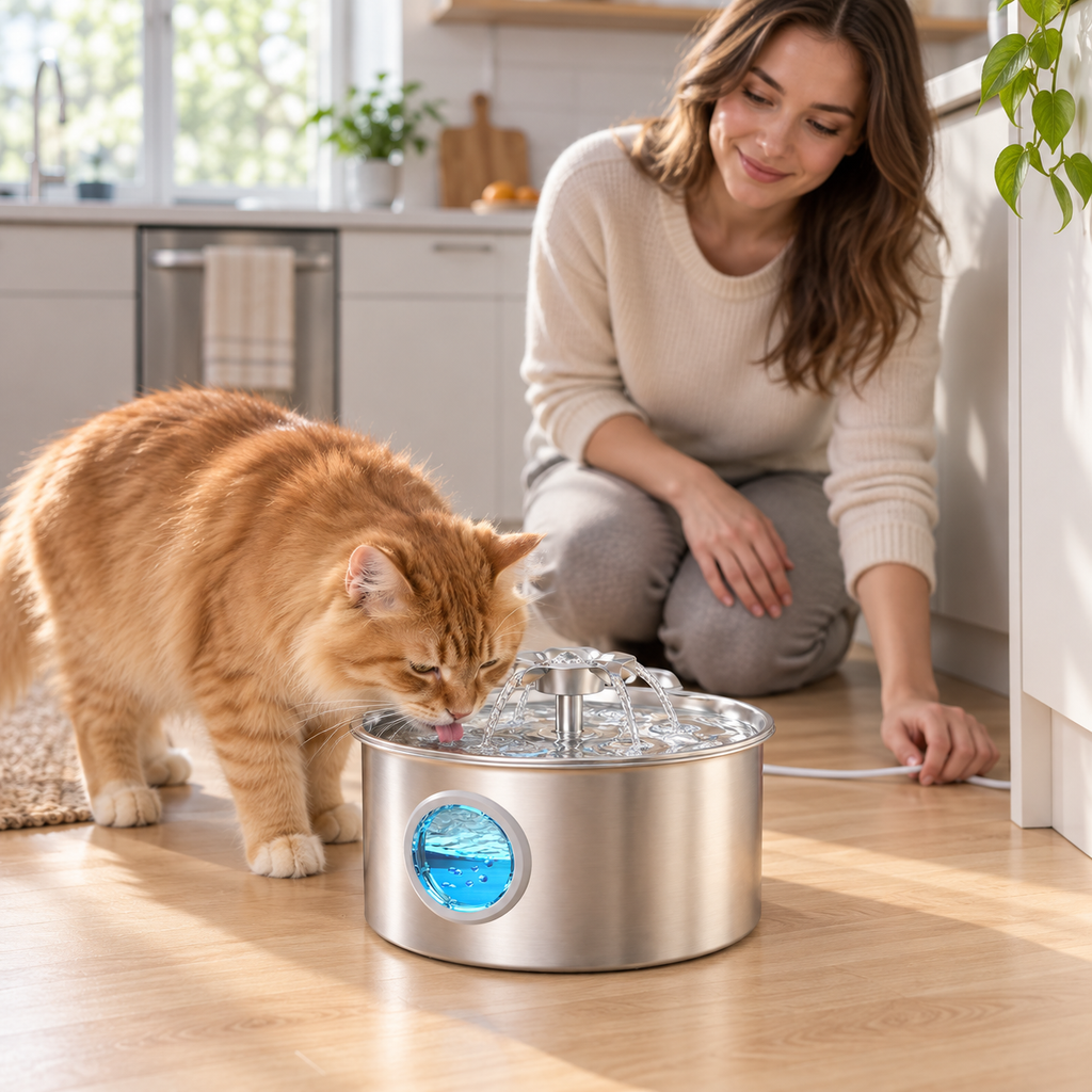 POUPIPETS Cat Water Fountain – 2.6L Stainless Steel Pet Fountain with Dual Flow Modes