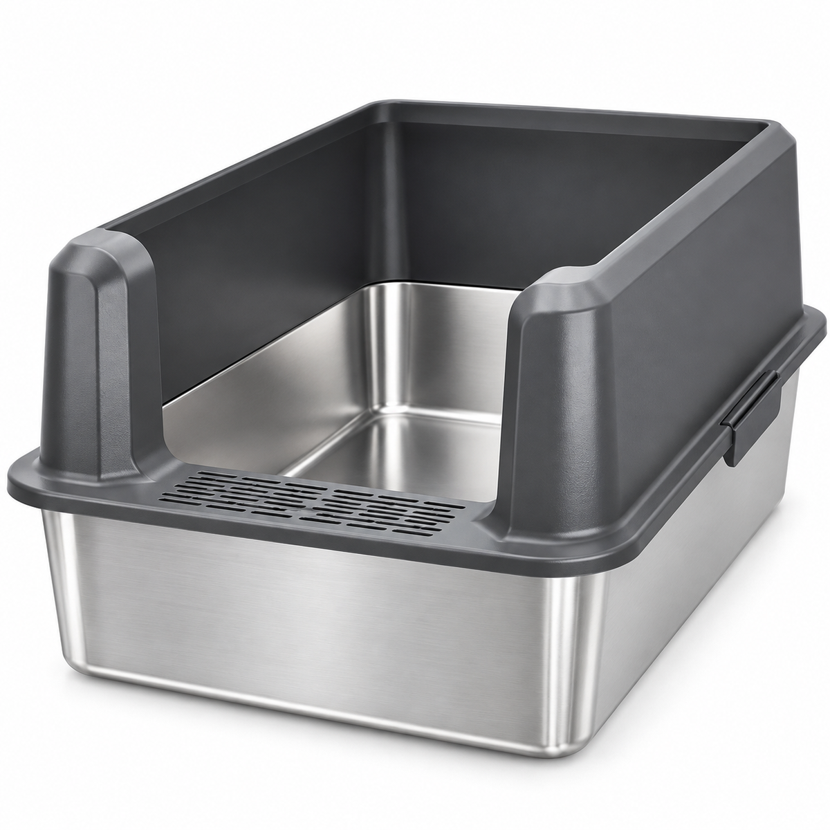 POUPIPETS Cat Litter Box – XL Stainless Steel High Sided Open Top Pan with Scoop
