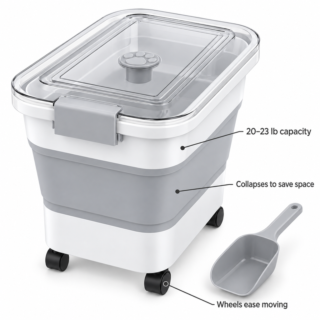 POUPIPETS Dog Food Storage Container – Collapsible 23 lb Airtight Rolling Bin