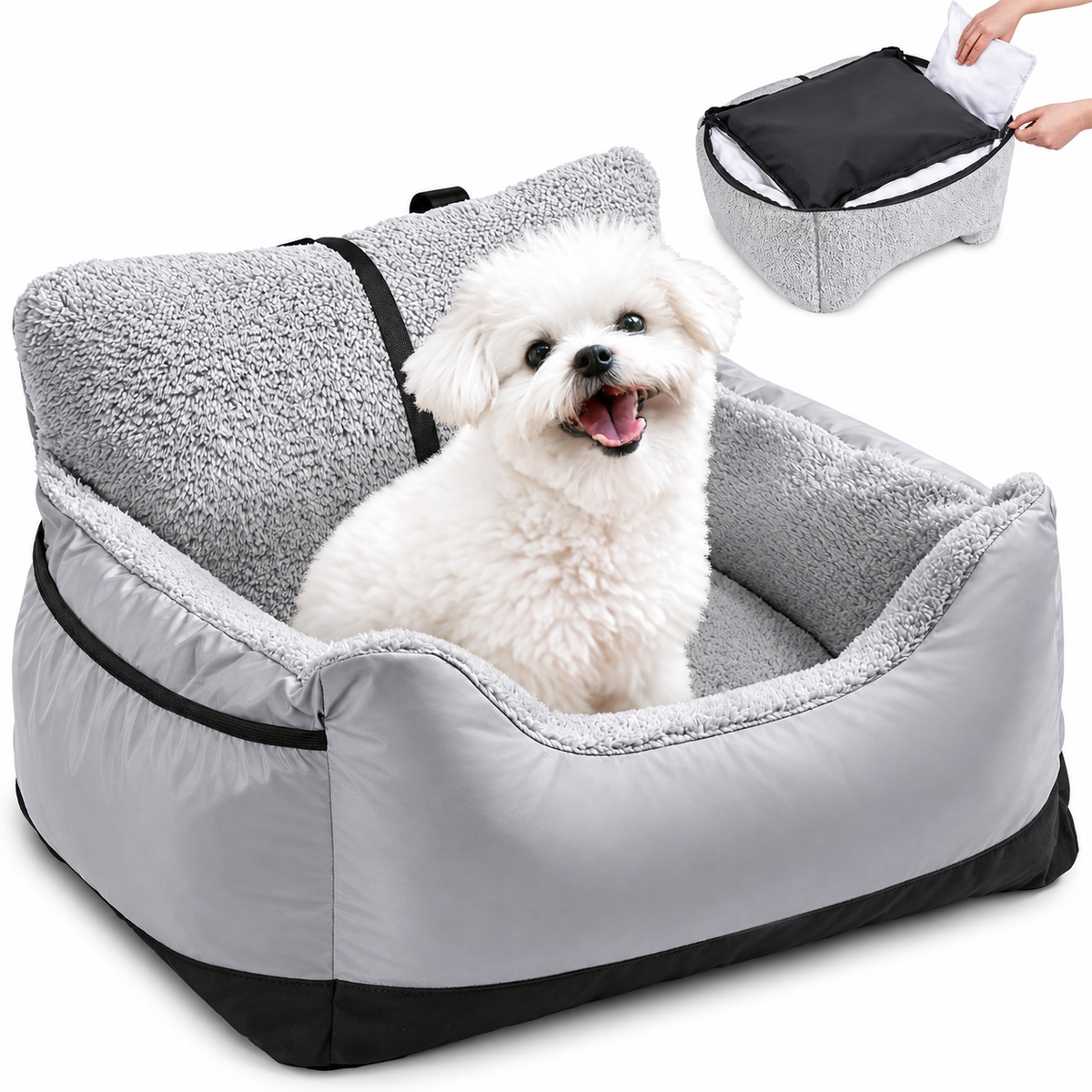 POUPIPETS Dog Car Seat – Plush Booster Bed with Safety Strap & Storage for Small Dogs