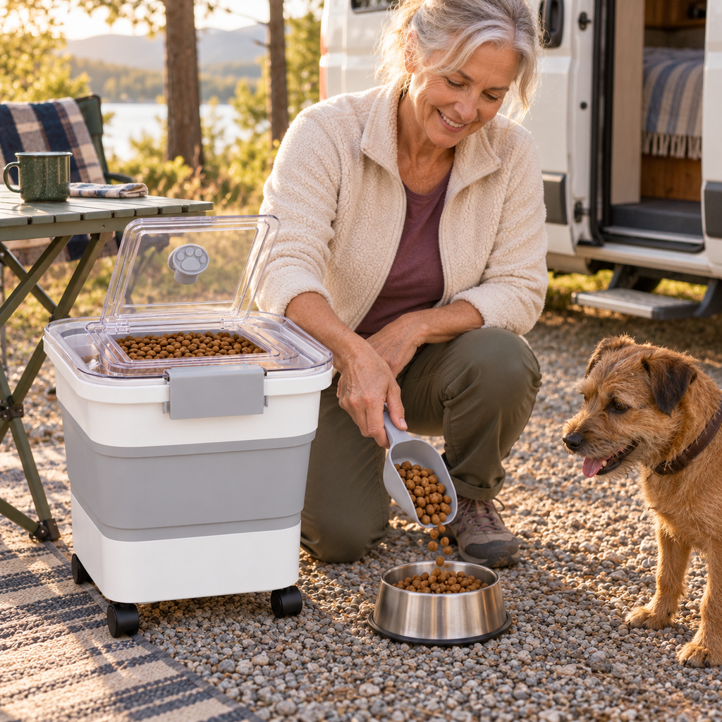 POUPIPETS Dog Food Storage Container – Collapsible 23 lb Airtight Rolling Bin