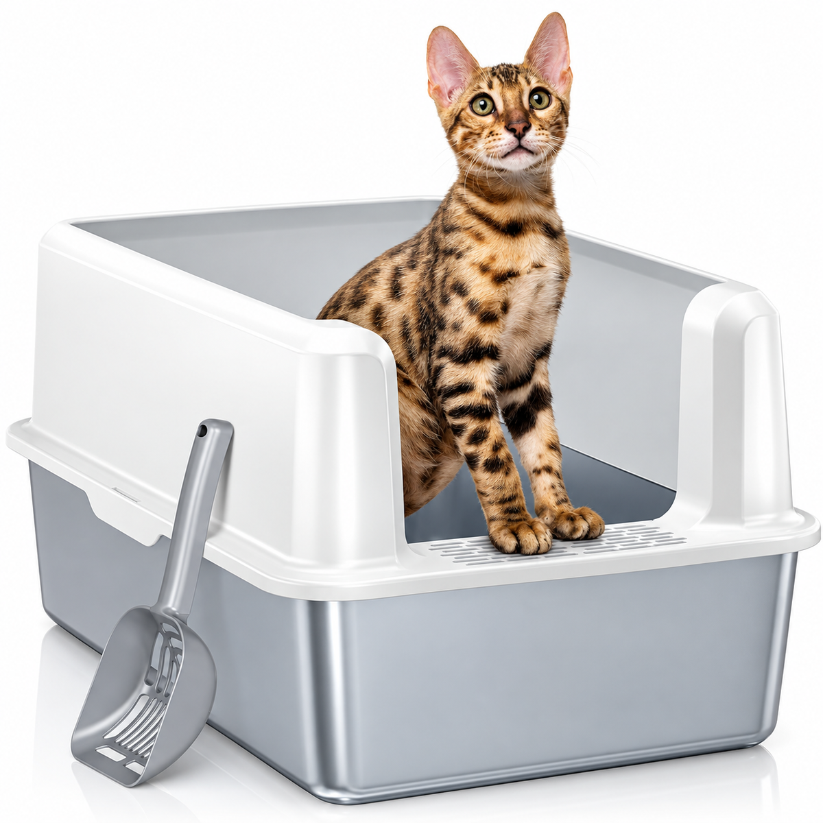 POUPIPETS Cat Litter Box – XL Stainless Steel High Sided Open Top Pan with Scoop