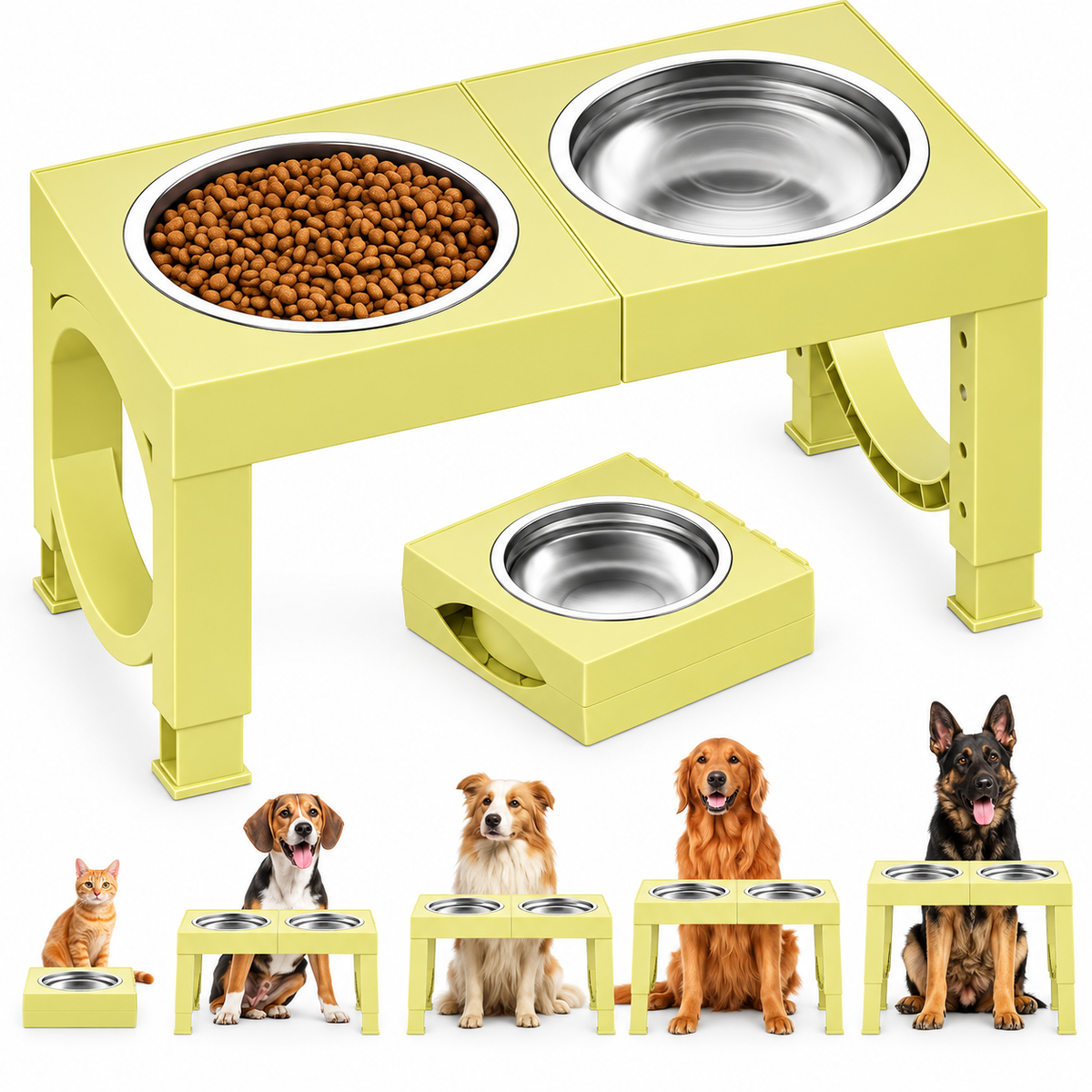 POUPIPETS Elevated Dog Bowls – Adjustable Raised Stand, 2 Stainless Steel Bowls, Large Dogs