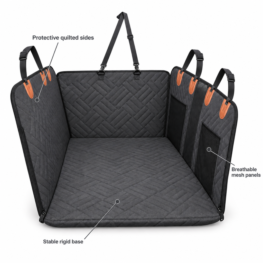 POUPIPETS Dog Car Seat Cover – Hard Bottom Back Seat Extender Hammock for Large Dogs