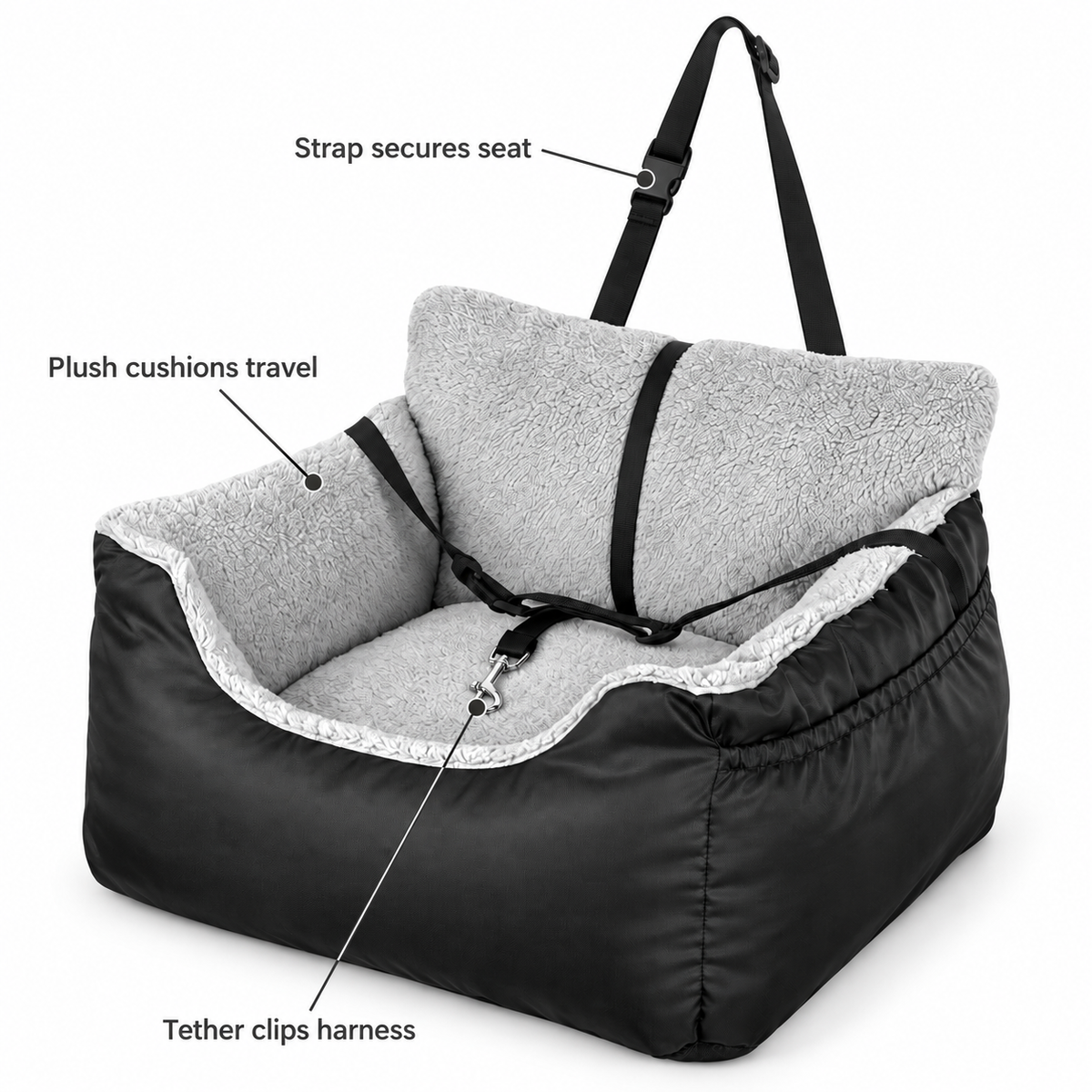 POUPIPETS Dog Car Seat – Plush Booster Bed with Safety Strap & Storage for Small Dogs