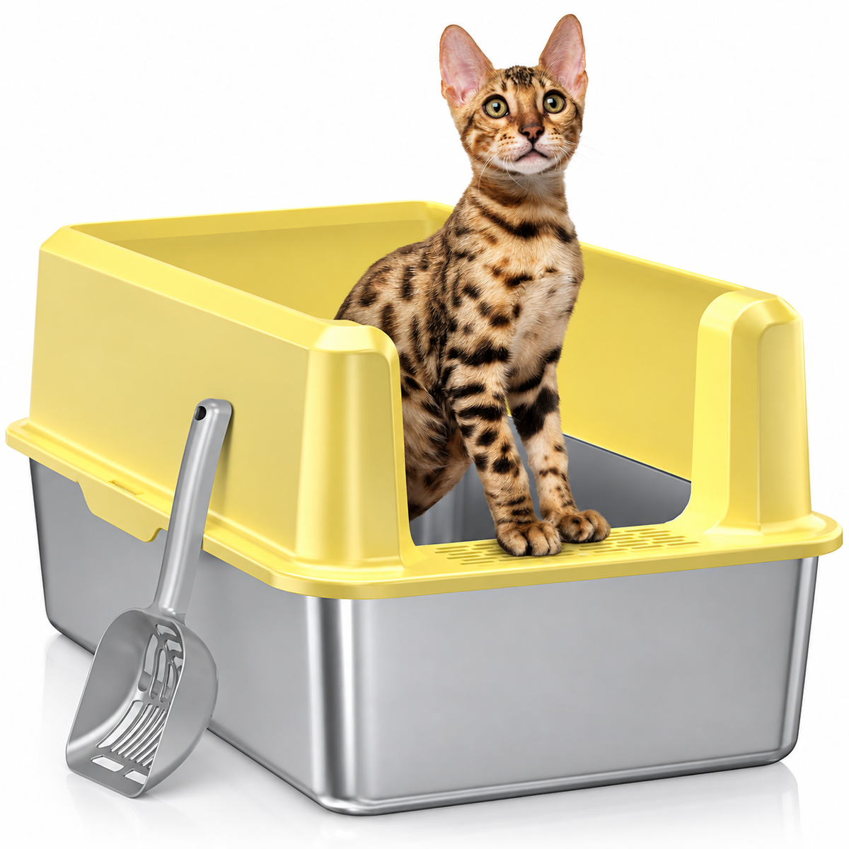POUPIPETS Cat Litter Box – XL Stainless Steel High Sided Open Top Pan with Scoop