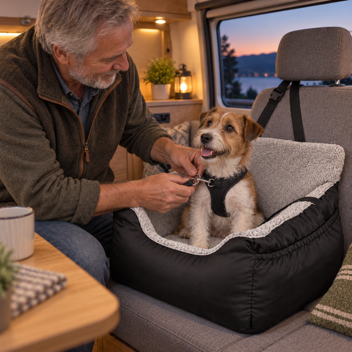POUPIPETS Dog Car Seat – Plush Booster Bed with Safety Strap & Storage for Small Dogs