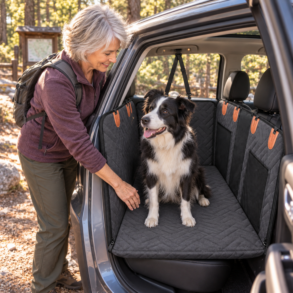 POUPIPETS Dog Car Seat Cover – Hard Bottom Back Seat Extender Hammock for Large Dogs