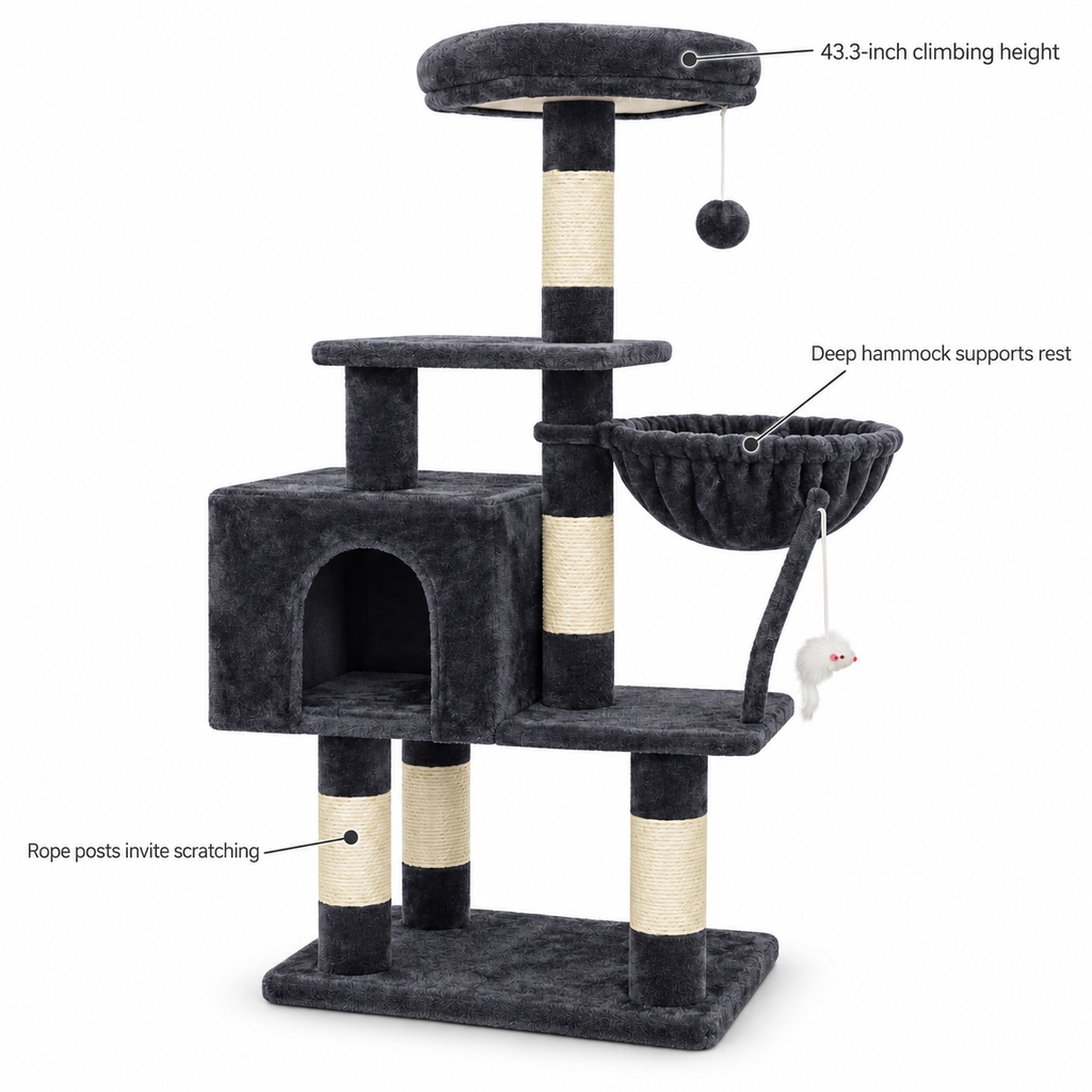POUPIPETS Cat Tree Tower 43.3" – Multi-Level Condo, Hammock, Scratching Posts & Toy