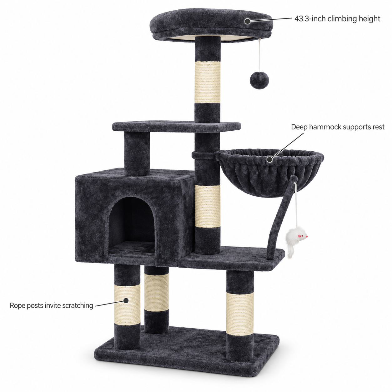 POUPIPETS Cat Tree Tower 43.3" – Multi-Level Condo, Hammock, Scratching Posts & Toy