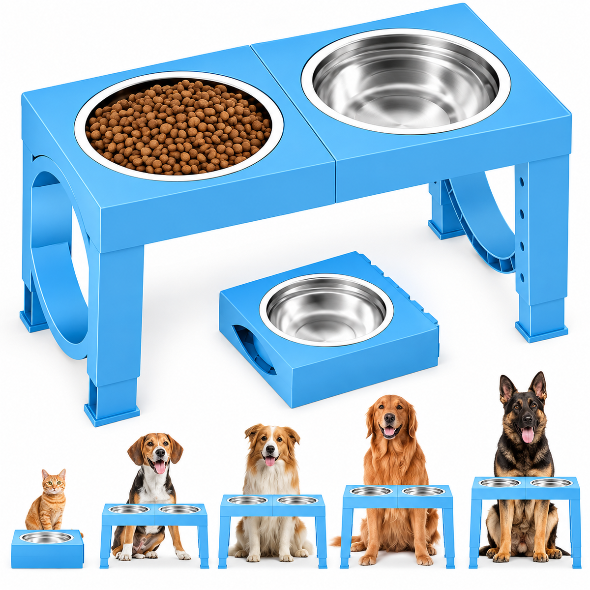 POUPIPETS Elevated Dog Bowls – Adjustable Raised Stand, 2 Stainless Steel Bowls, Large Dogs