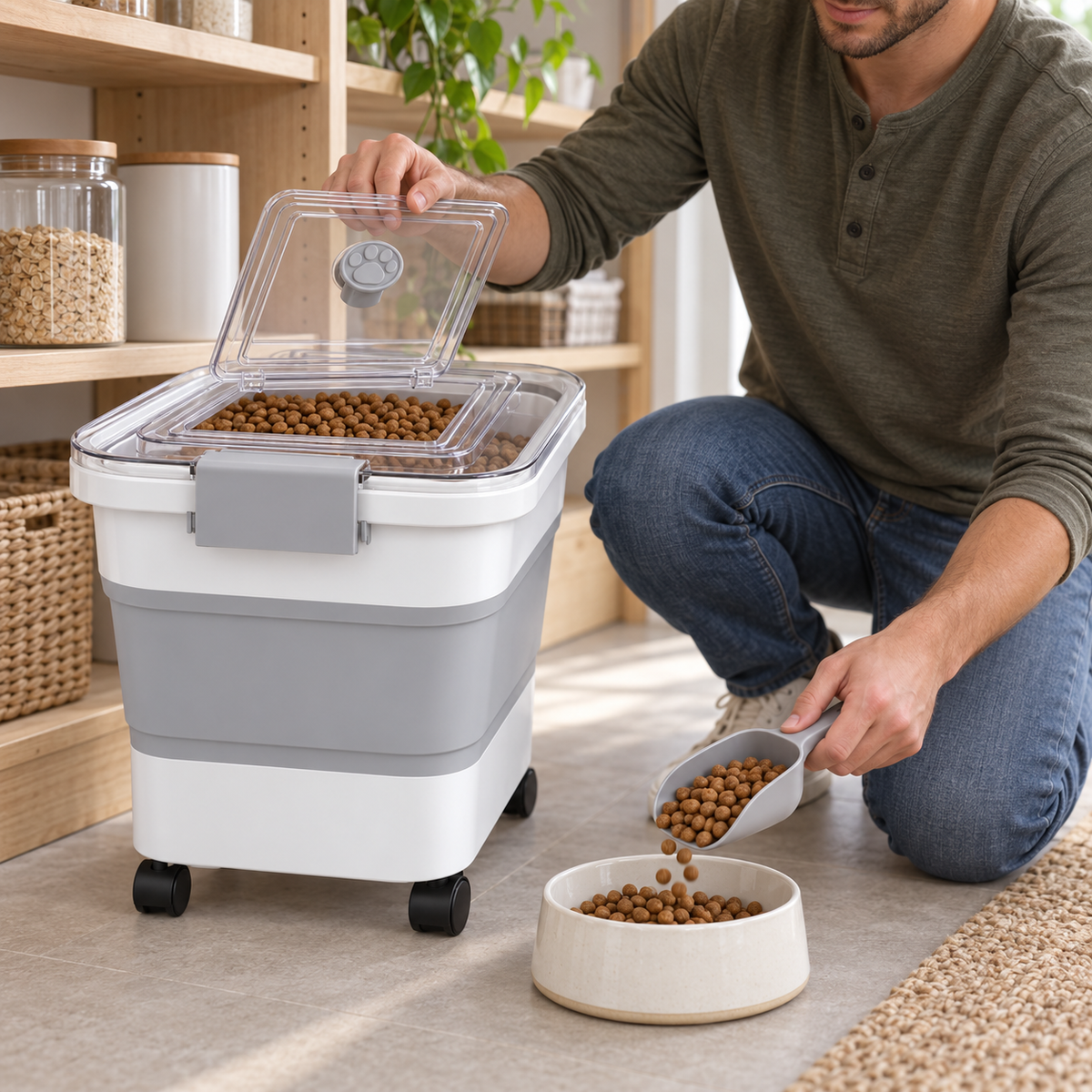 POUPIPETS Dog Food Storage Container – Collapsible 23 lb Airtight Rolling Bin