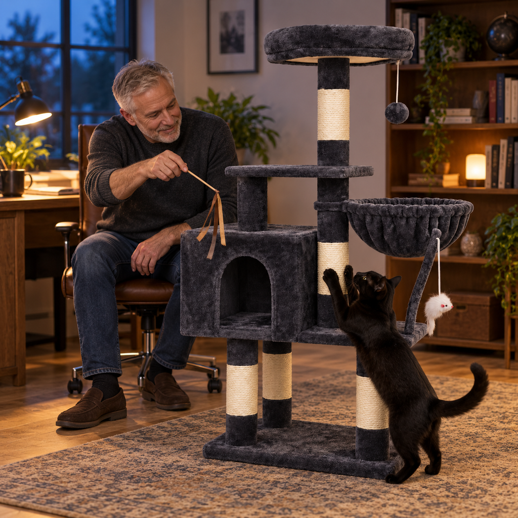 POUPIPETS Cat Tree Tower 43.3" – Multi-Level Condo, Hammock, Scratching Posts & Toy