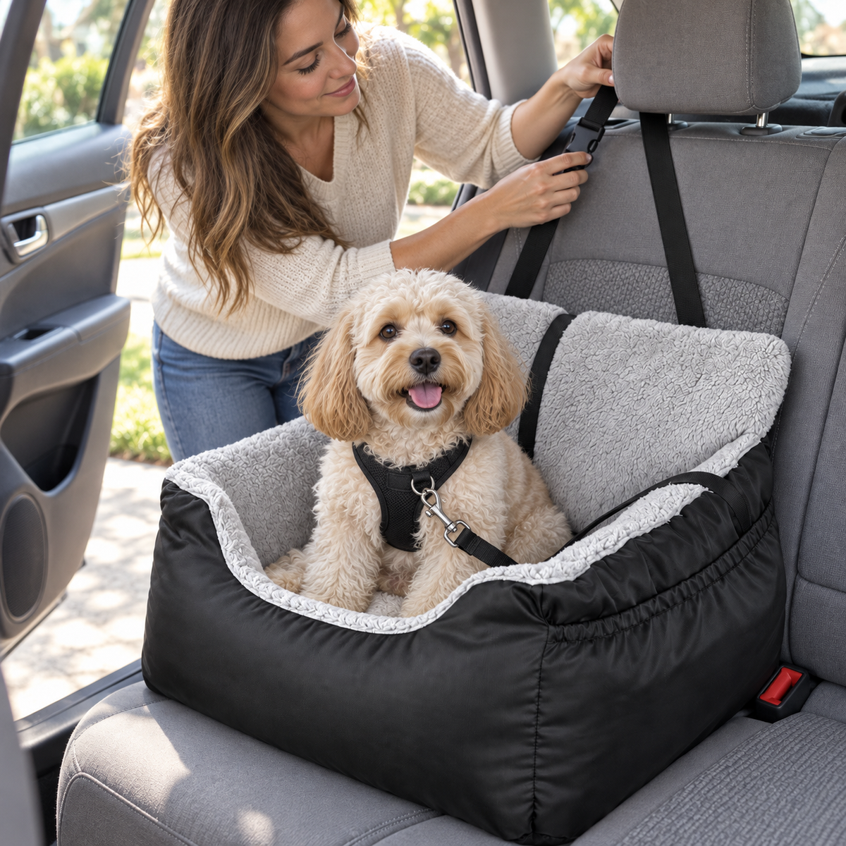 POUPIPETS Dog Car Seat – Plush Booster Bed with Safety Strap & Storage for Small Dogs