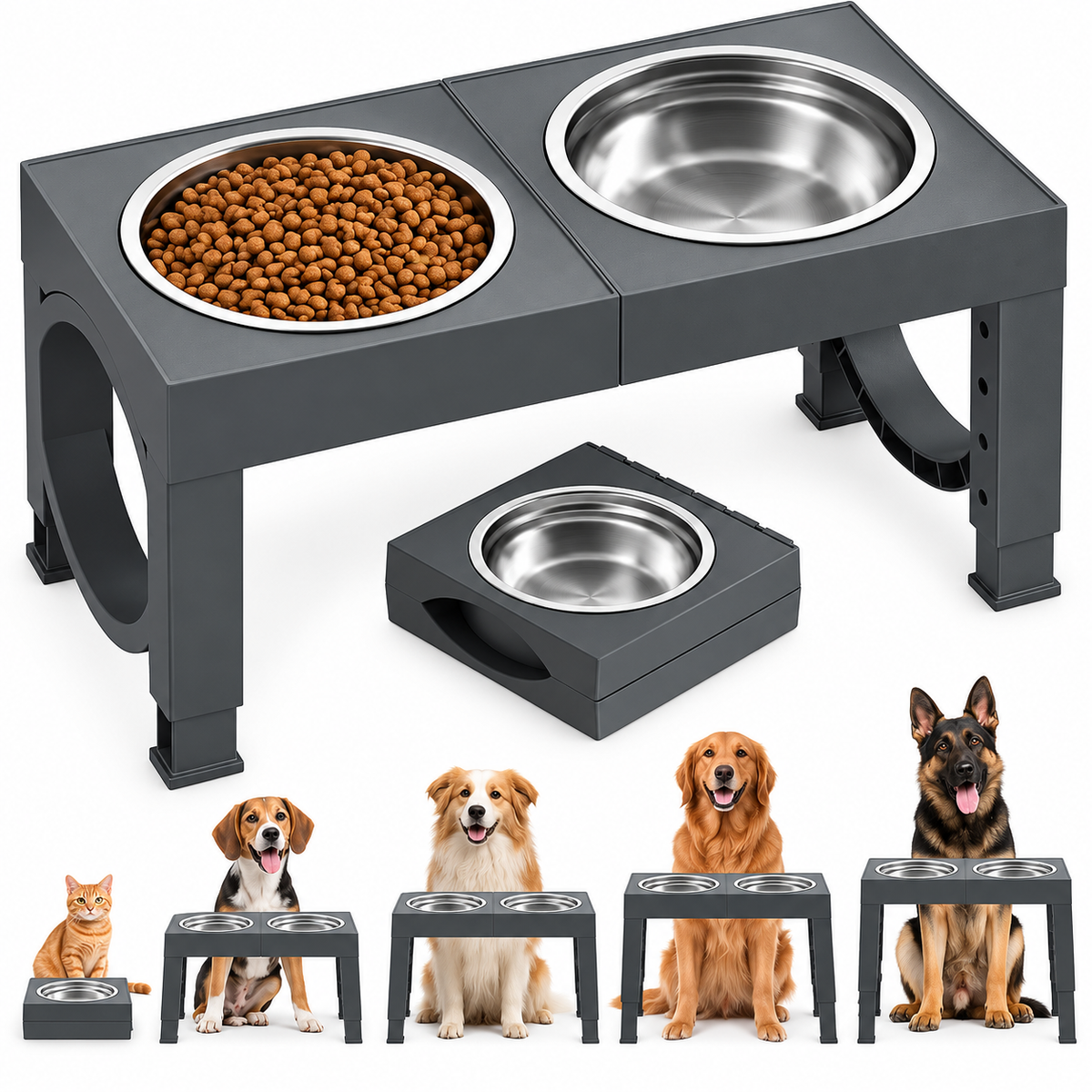 POUPIPETS Elevated Dog Bowls – Adjustable Raised Stand, 2 Stainless Steel Bowls, Large Dogs