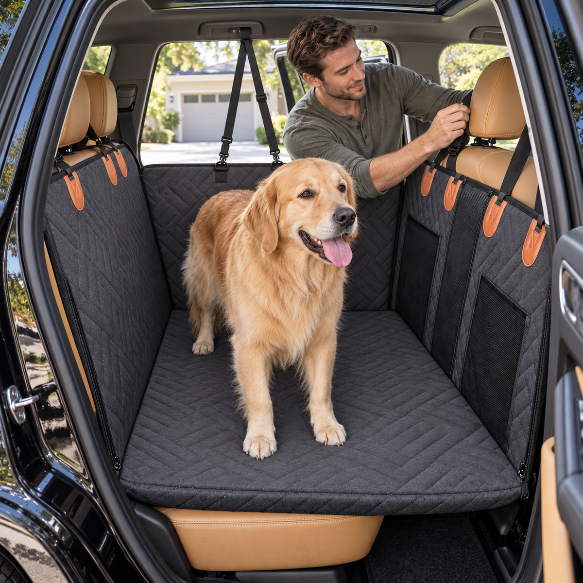POUPIPETS Dog Car Seat Cover – Hard Bottom Back Seat Extender Hammock for Large Dogs
