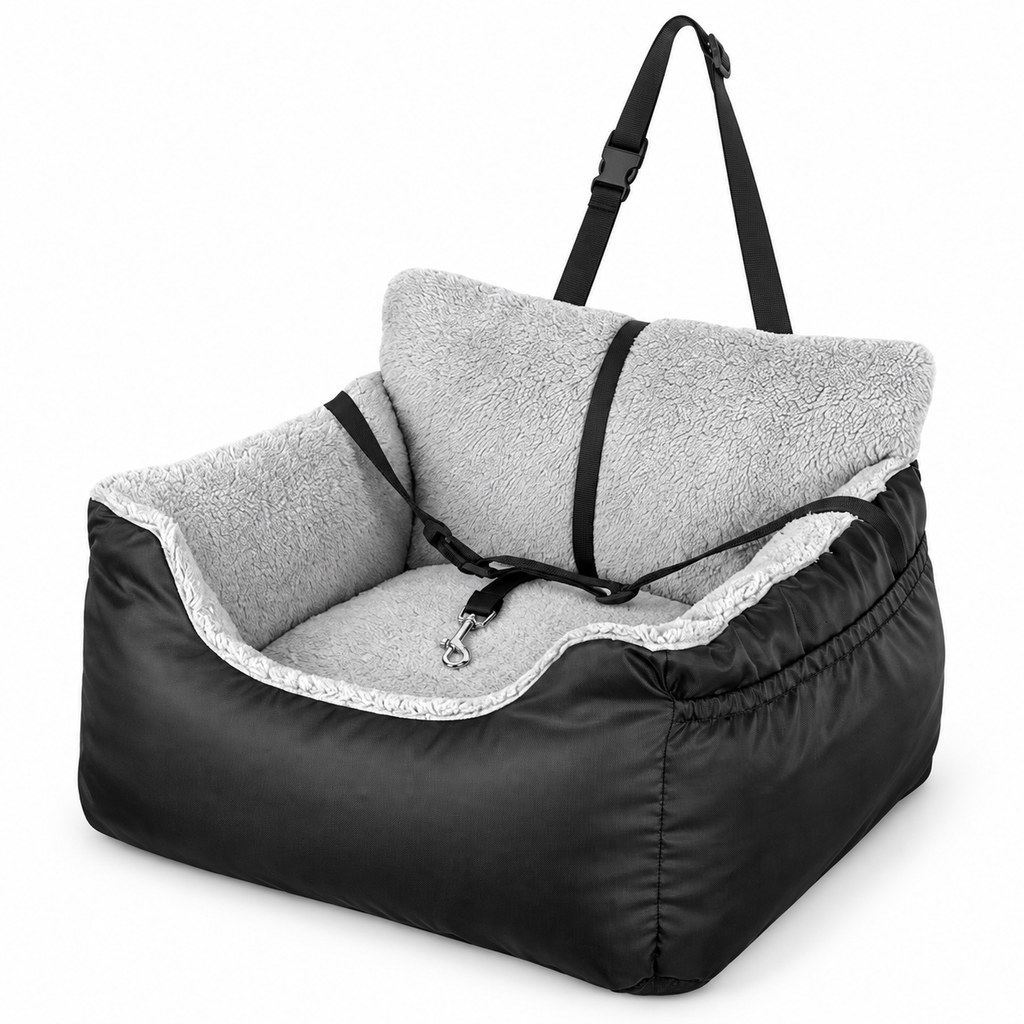 POUPIPETS Dog Car Seat – Plush Booster Bed with Safety Strap & Storage for Small Dogs