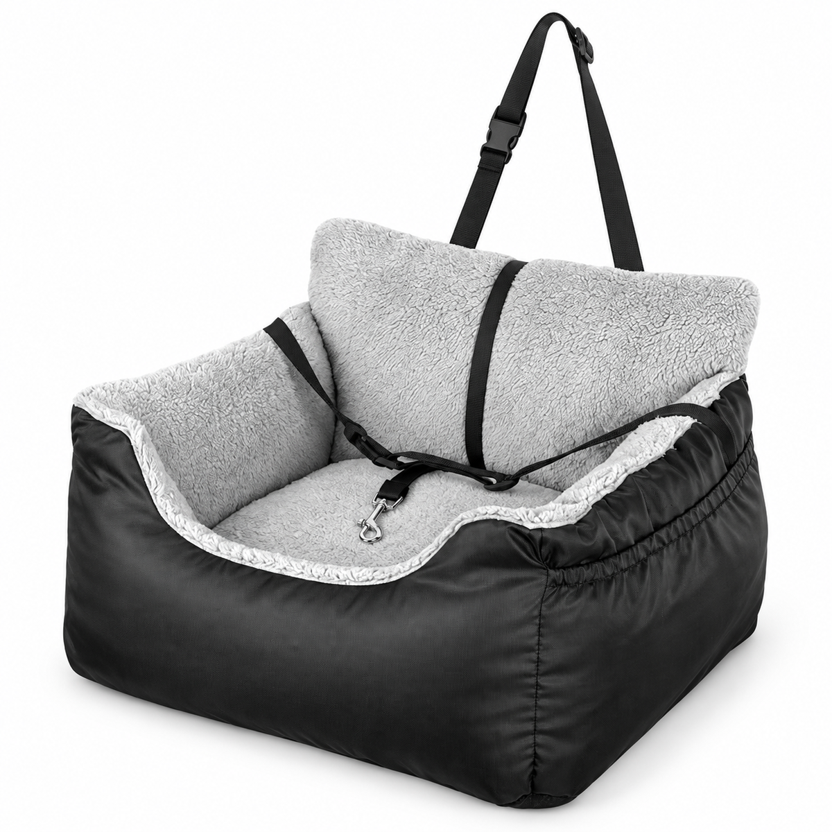 POUPIPETS Dog Car Seat – Plush Booster Bed with Safety Strap & Storage for Small Dogs