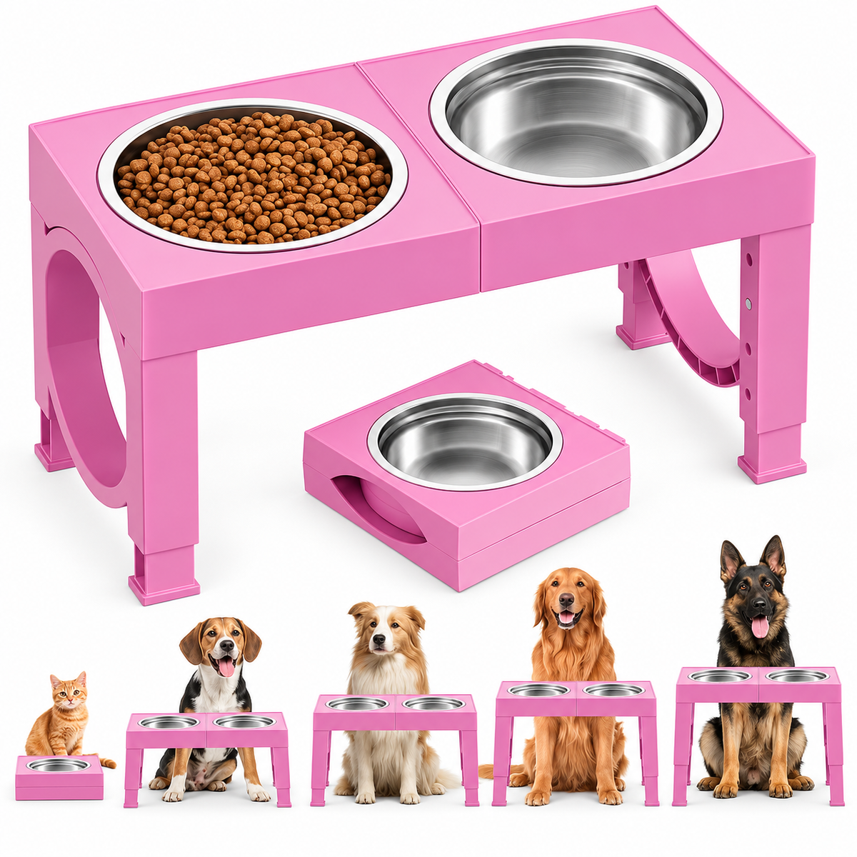 POUPIPETS Elevated Dog Bowls – Adjustable Raised Stand, 2 Stainless Steel Bowls, Large Dogs